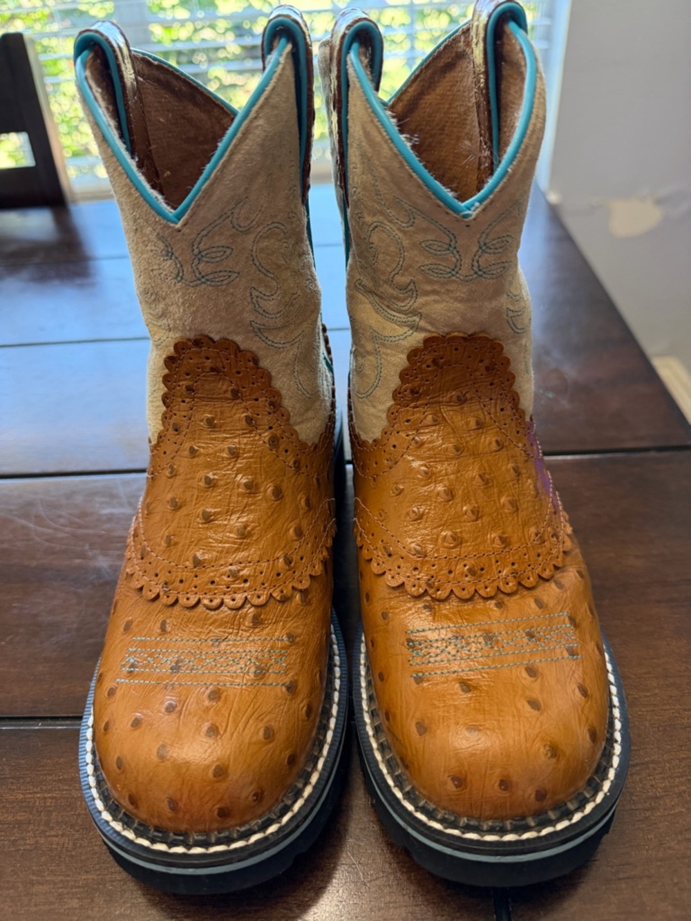 Ariat Tan Ostrich-Textured Fat Baby Boots with Turquoise Trim Size 3